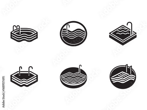 Swimming Pool Icon Set Vector Graphic Representation with Various Shapes and Designs in Black and White