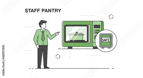 Humorous illustration depicting a staff pantry with a microwave and a safe emphasizing secure