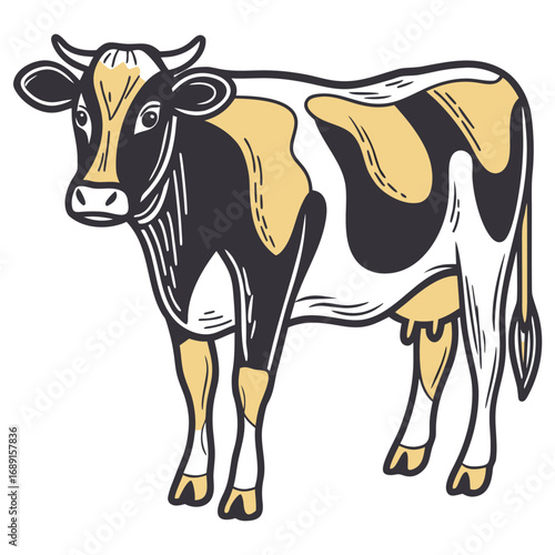 Cartoon cow standing with black and white patches in a simple style  