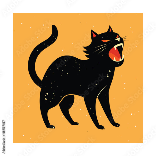 Black Cat Silhouette with Open Mouth and Red Interior on Textured Orange Background Keywords