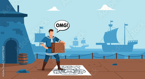 Humorous cartoon of a sailor discovering a monkey on a pier in a bustling harbor scene
