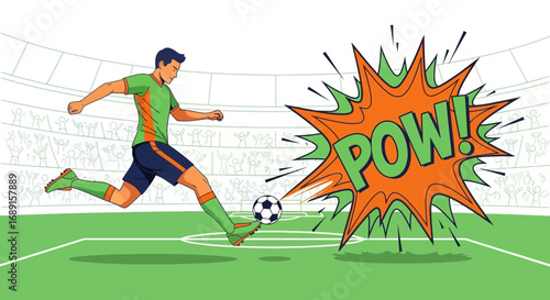 Cartoon illustration of a football player kicking a ball with a Pow effect at the stadium