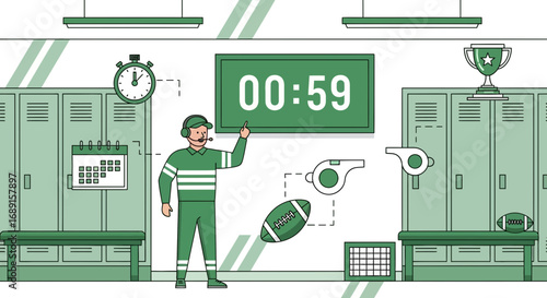 Illustration depicting a coach in a locker room setting, preparing for a football game