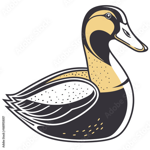 Stylized duck illustration with detailed feathers in black and gold  