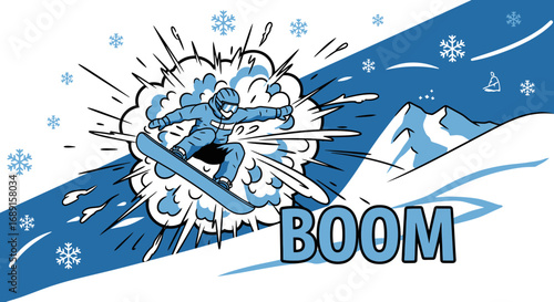 Cartoon illustration of a snowboarder doing a trick with an explosion effect