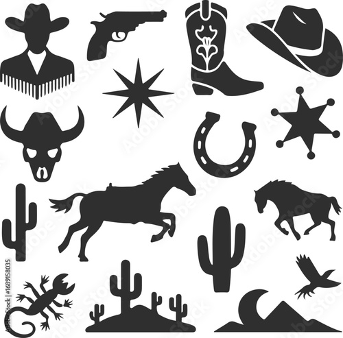 Western Wild West Silhouette Set Cowboy Elements Clip Art Illustration