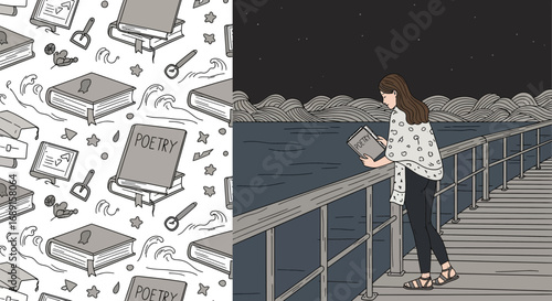 Illustration depicting a woman reading poetry at night combined with poetry themed pattern