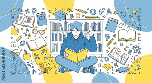 Illustration depicting a student immersed in reading surrounded by educational elements