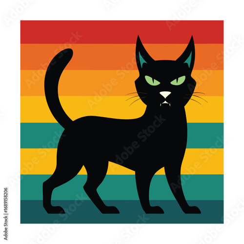 Black cat standing with green eyes against retro striped background