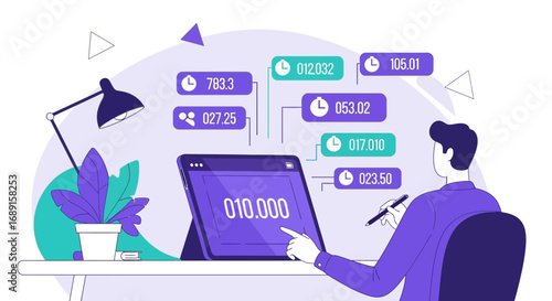 Illustration depicting person interacting with a digital interface displaying timing data and