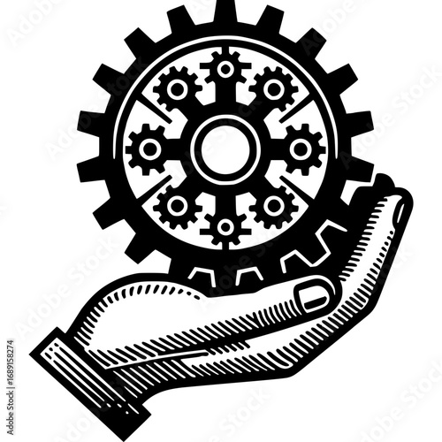 Mechanical Marvel: A detailed, artistic representation of a human hand cradling an intricate gear mechanism, symbolizing innovation, engineering, and the power of technology. 
