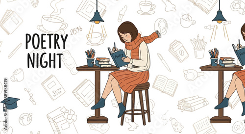 Illustration featuring a woman writing poetry at a table surrounded by book-themed doodles