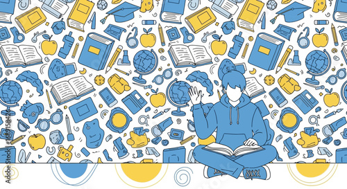 Illustration featuring a student amidst a backdrop of educational symbols for learning
