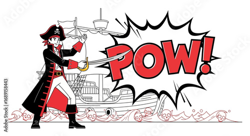 Cartoon Pirate Illustration with Comic Style 'POW' Effect and Pirate Ship Background with Skulls