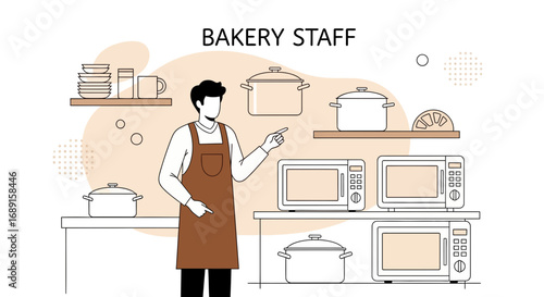 Illustration of a bakery staff member in a kitchen setting with cooking equipment displayed