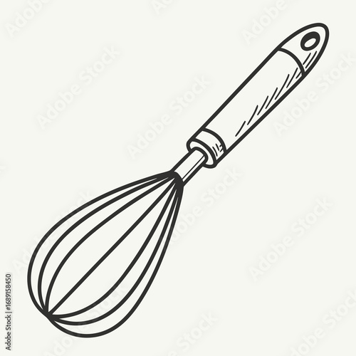 Monochrome line art illustration of a kitchen whisk perfect for cooking and baking themes