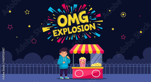 Illustration of a Boy Buying Popcorn at a Carnival Under a Colorful Explosion Design