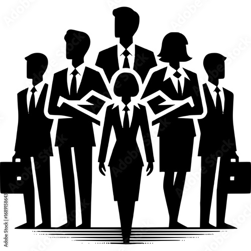 Business Team Silhouette: A stylized image of a business team in sharp silhouette, the image depicts the essence of teamwork, professional unity, and leadership, ideal for projects about business.