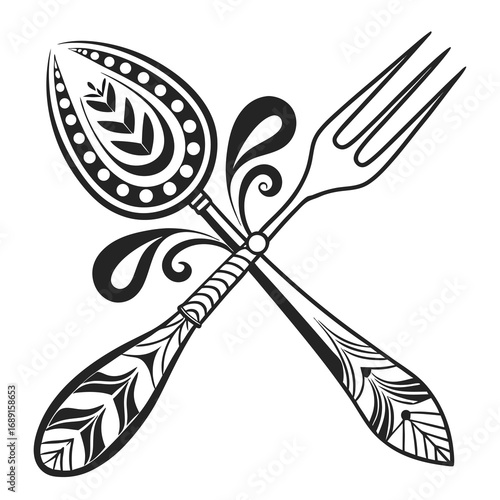 Abstract black and white spoon and fork icon set for culinary and dining design elements