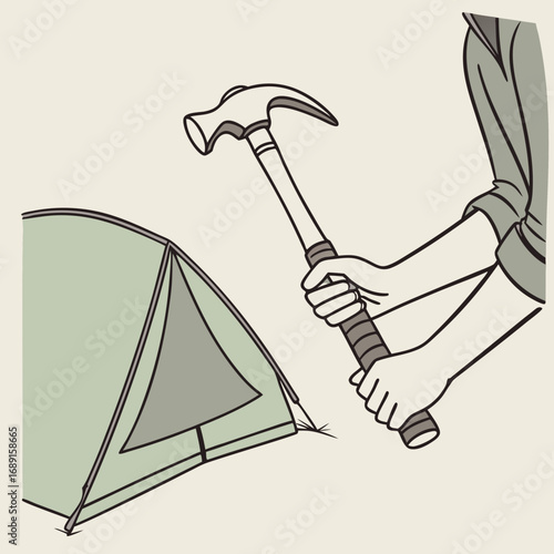 Person Using Hammer to Set Up a Tent