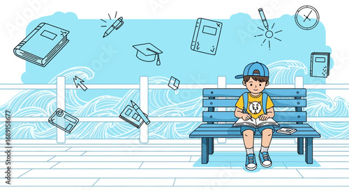 Illustration of a boy studying outdoors near the sea surrounded by educational icons sketch style