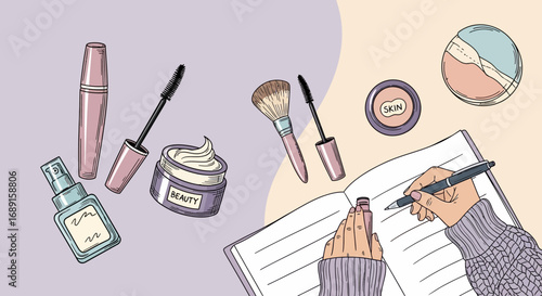 Charming beauty blog illustration showcasing makeup products and a hand writing in a notebook