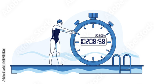 Illustration of a female swimmer tracking her time with a stopwatch in a swimming pool preparing