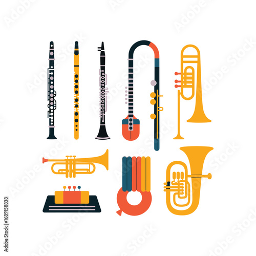 Collection of brass and woodwind musical instruments on a white background