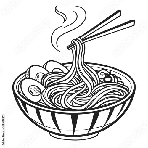 Black and white illustration of a steaming bowl of noodles with chopsticks perfect for culinary themes and asian cuisine