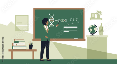 Illustration of a female teacher explaining science in the classroom with DNA model and chemical