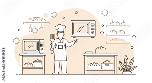 Chef in the kitchen showcasing microwave ovens and baked goods vector illustration