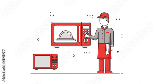 Chef preparing food in microwave, modern kitchen appliance concept illustration