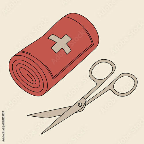 Red Rolled Bandage and Silver Scissors Illustration
