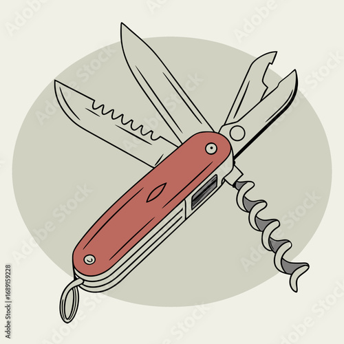 Red Pocket Knife Illustration with Multiple Tools