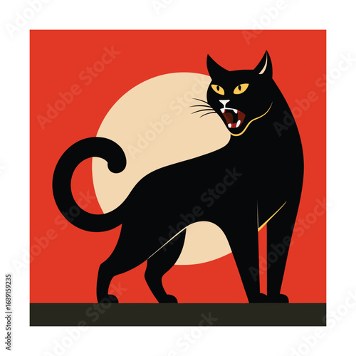 Black cat with yellow eyes roaring against a red background
