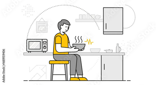 Illustration of a man eating a bowl of hot food in the kitchen at home concept