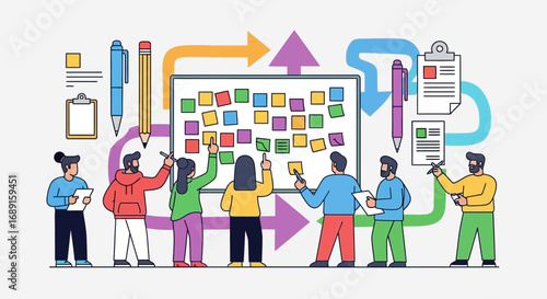 Collaborative team brainstorms and strategizes with colorful sticky notes on a whiteboard using