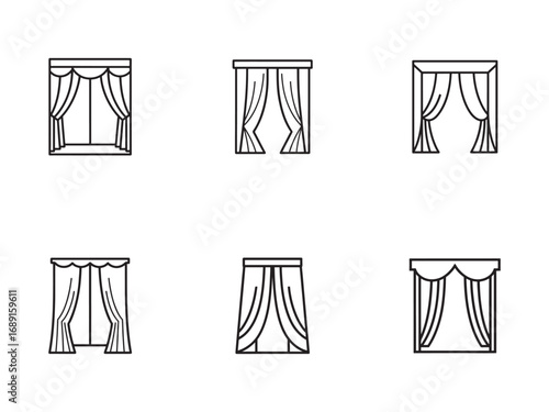 Various Curtain Styles Black and White Icon Set Home Decor Window Treatments and Interior Design Elements for Modern Living Spaces
