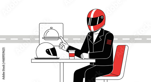 Illustration of a motorcyclist with a helmet in a diner contemplating his meal choice represented
