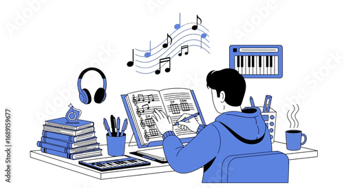 Illustration of a musician composing music with keyboard notes and musical notes