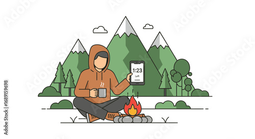 Illustration of a person camping in nature enjoying coffee and phone usage against mountain