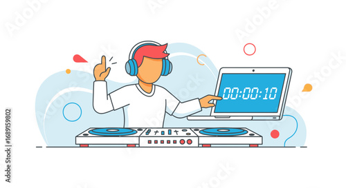 Cool DJ Mixing Music with Turntables and Laptop, Expressing Creativity and Passion in Studio