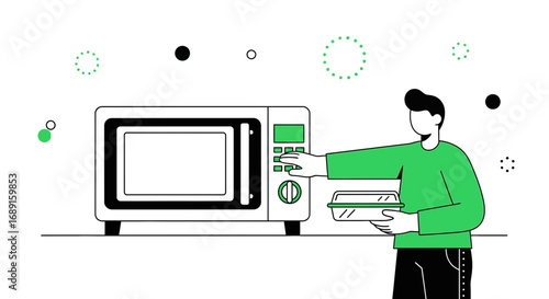 Illustration of a person using a microwave oven to heat up food at home simple scene