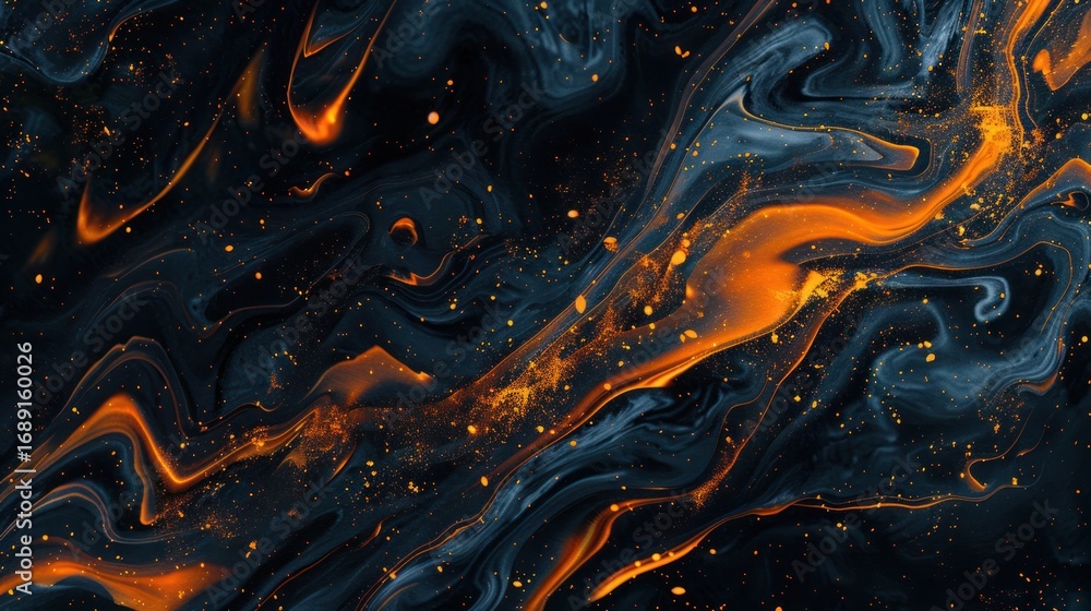 Obraz premium Swirling dark fluid mixing with glowing amber forms abstract waves and patterns