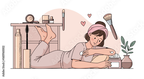 Illustration of a relaxed woman pampering herself with skincare products and makeup in her room