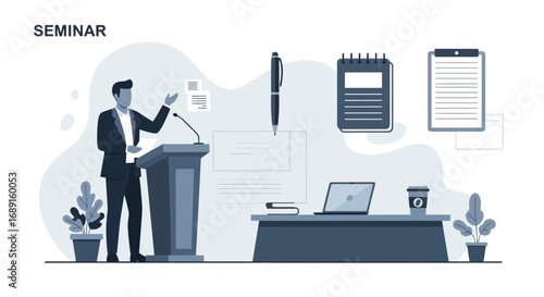 Illustration of a seminar presentation with a speaker and office elements present