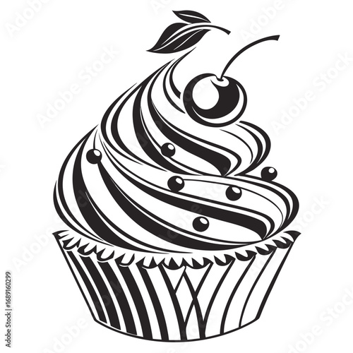 Abstract monochrome cupcake swirl logo design with a modern and clean aesthetic