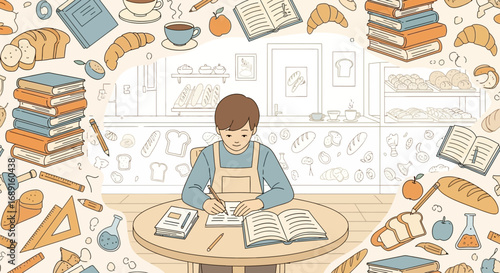 Illustration of a student studying in a bakery cafe with food and learning elements background