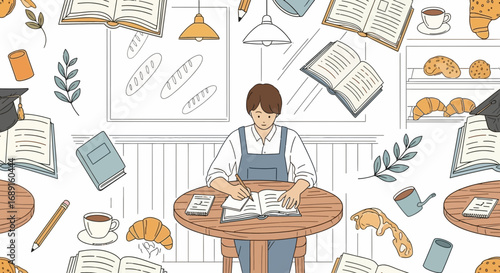 Illustration of a student studying in a bakery environment surrounded by books and pastries