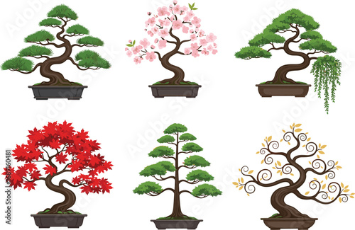 PrintCollection of beautiful bonsai trees in pots, artistic miniature tree illustrations with various styles and colors for nature designs